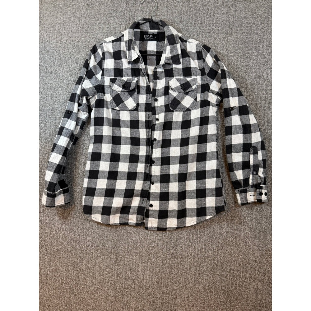 Blue Age Flannel Shirt Womens Large Black White Excellent Buffalo Plaid Cotton